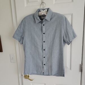 Short Sleeve Linen/Cotton Blue Button Up Men Shirt